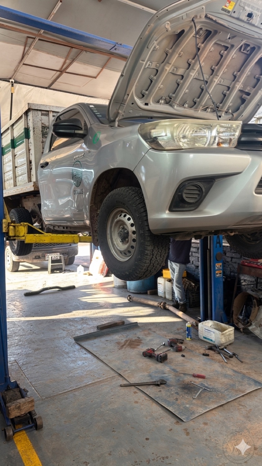 Toyota Hilux levantada para revisión de tren motriz